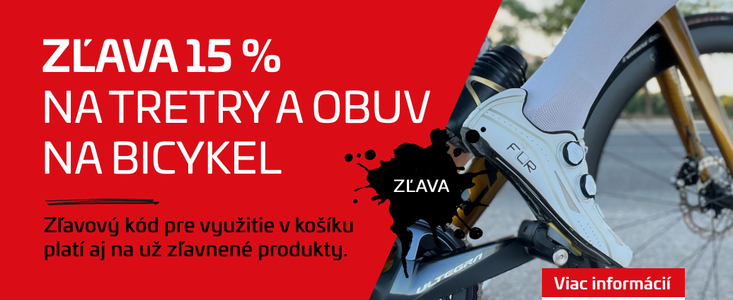 Zľava 15 % na tretry a topánky na bicykel. Platí aj pre zľavnené modely